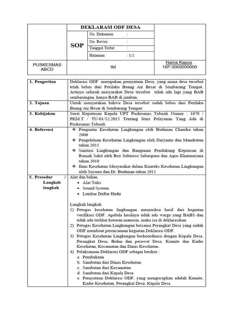 Sop Odf - Deklarasi Odf Desa F | PDF