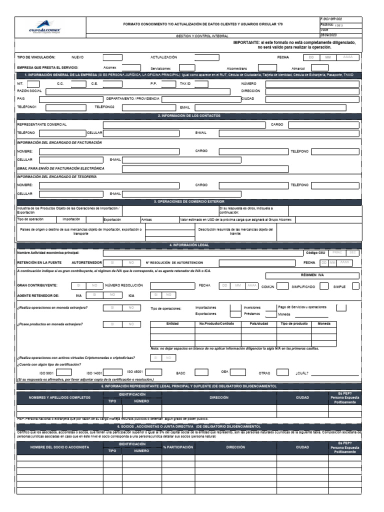 Formulario Registro Cliente Circular 170 | PDF | Corrupción política ...