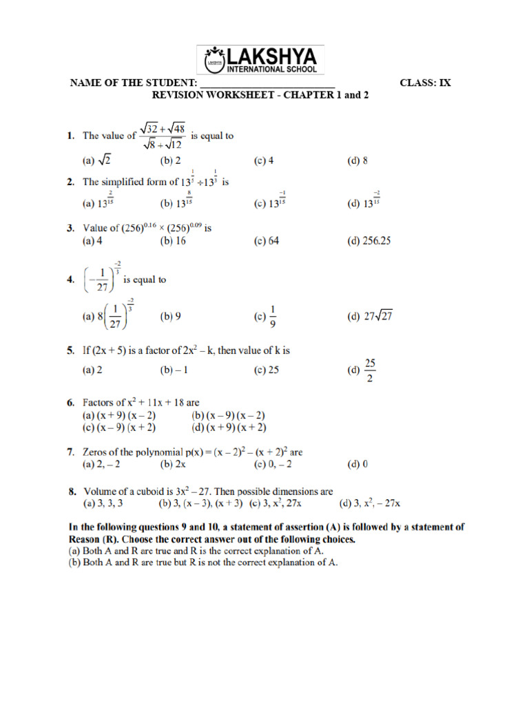 IX Chapter 1, 2 - Worksheet | PDF