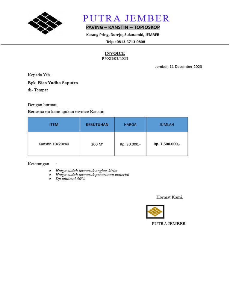 Invoice Kanstin 10x20x40 Jember | PDF