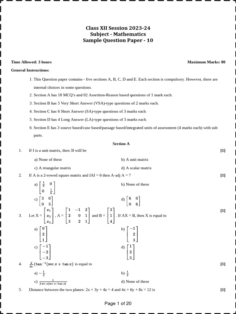Sample Paper 10 PDF Matrix (Mathematics) Geometry