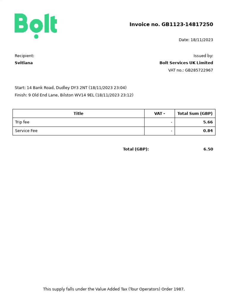Bolt Invoice for Taxi Service | PDF