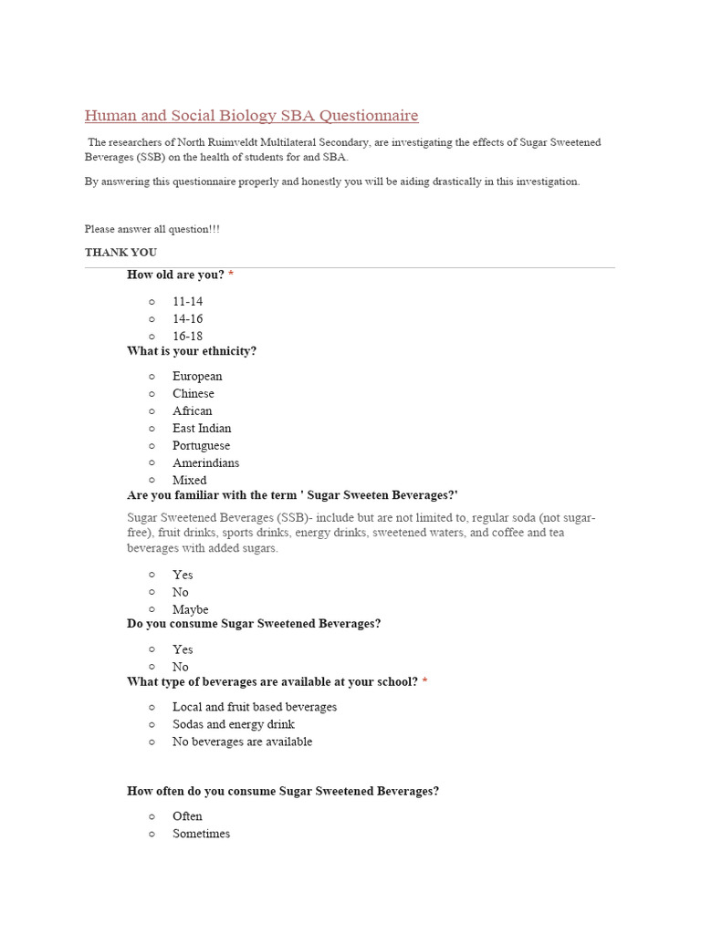 Human and Social Biology SBA Questionnaire PDF