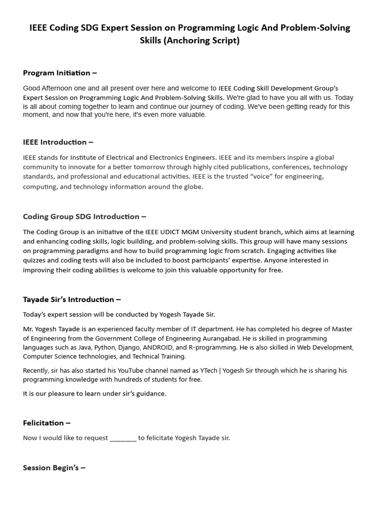 IEEE Coding SDG Expert Session On Programming Logic and Problem | PDF