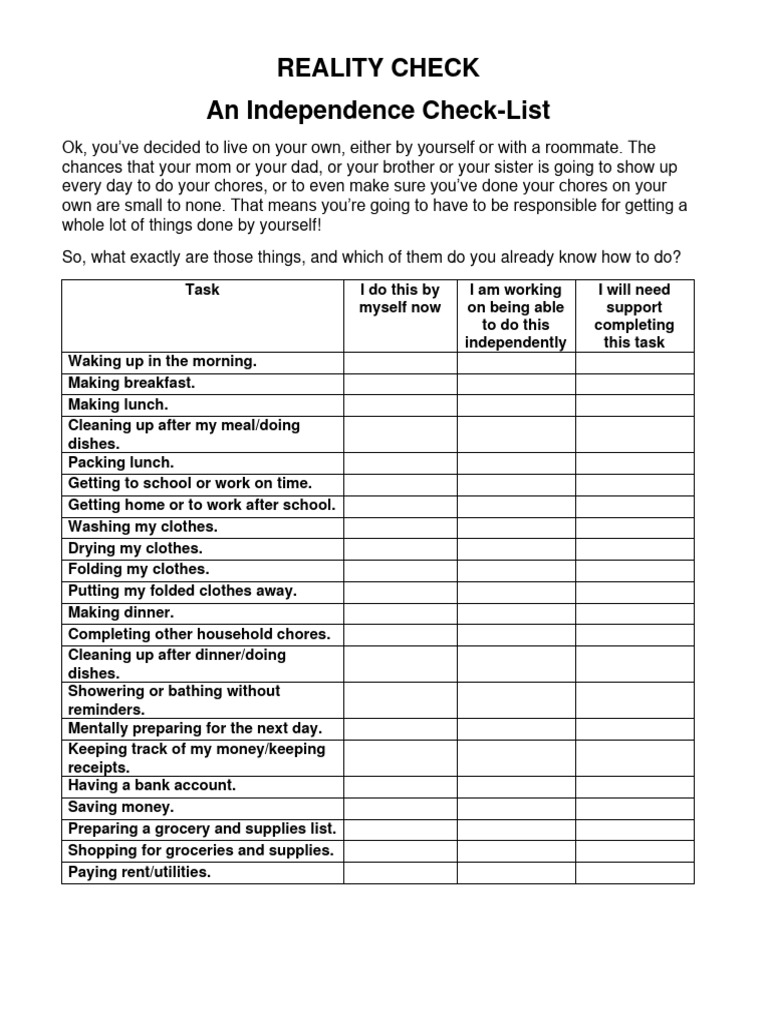Reality Check - An Independence CheckList, Simple | PDF