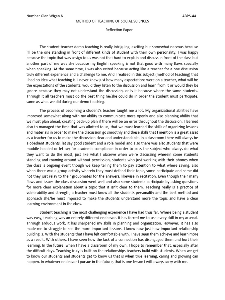Reflection Paper of Demo Teaching | PDF | Teachers | Psychological Concepts