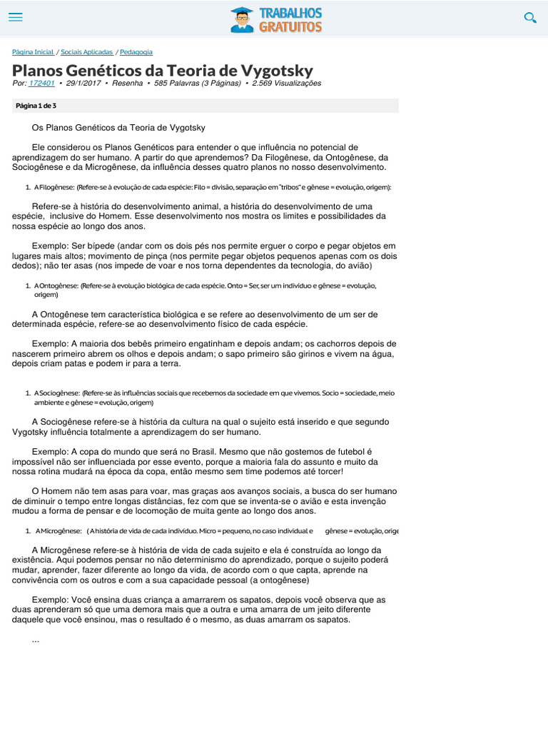 Planos Genéticos na Teoria de Vygotsky | PDF | Aprendizado | Humano