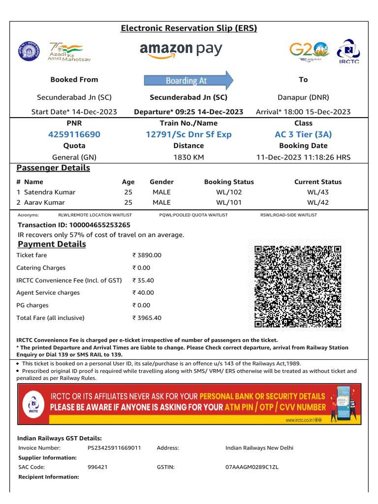 Secunderabad to Delhi Train Ticket Details | PDF | Identity Document