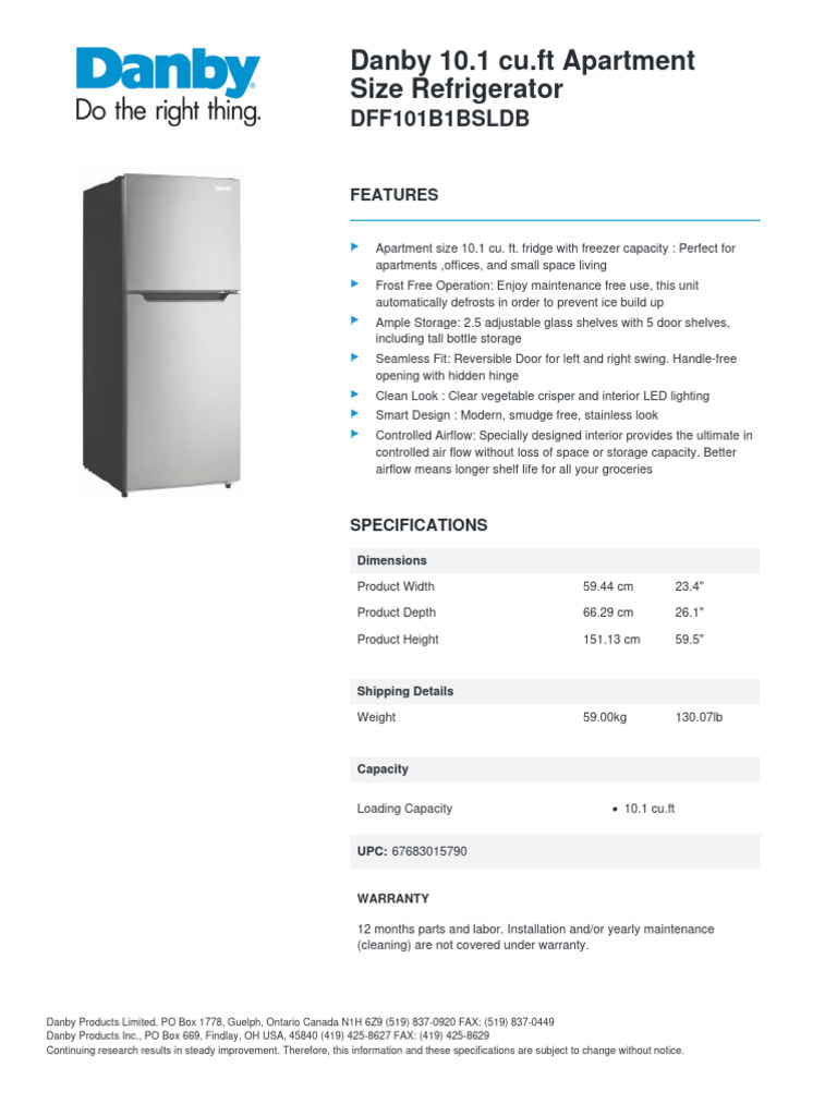 Danby Specsheet PDF Refrigerator Manufactured Goods