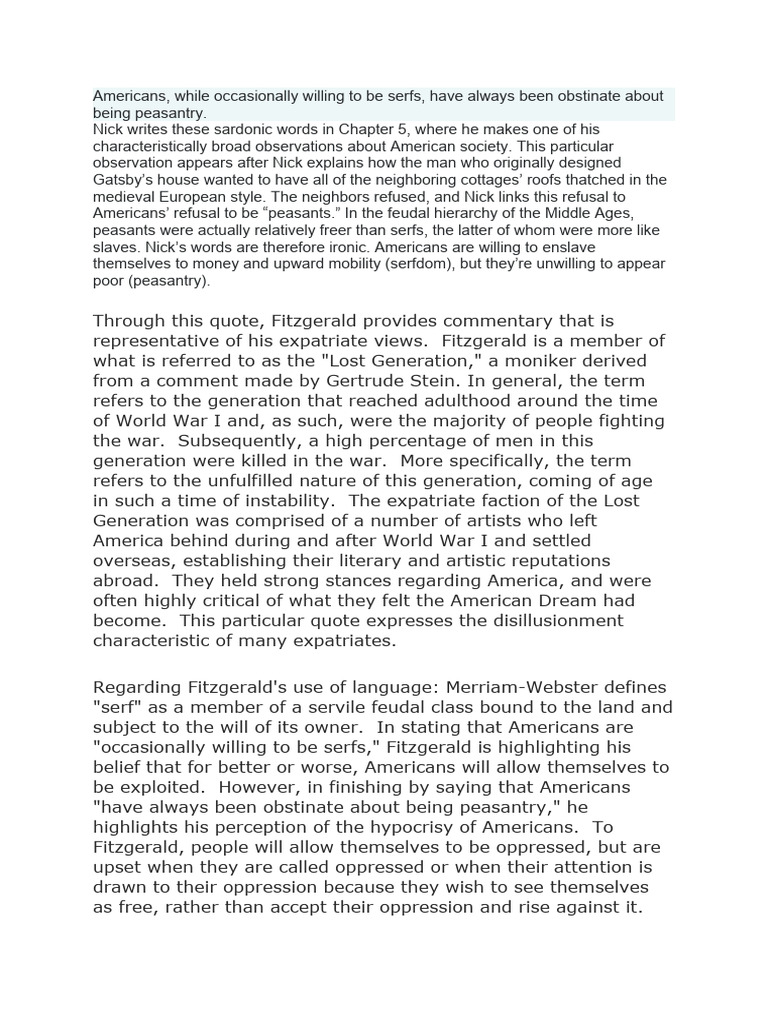 My Notes Chapter 5 Great Gatsby PDF Serfdom Peasant