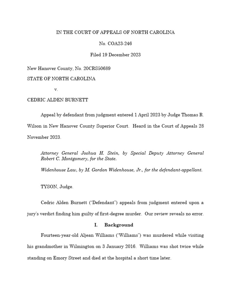 The nc court of appeals denied an appeal by cedric alden burnett pdf