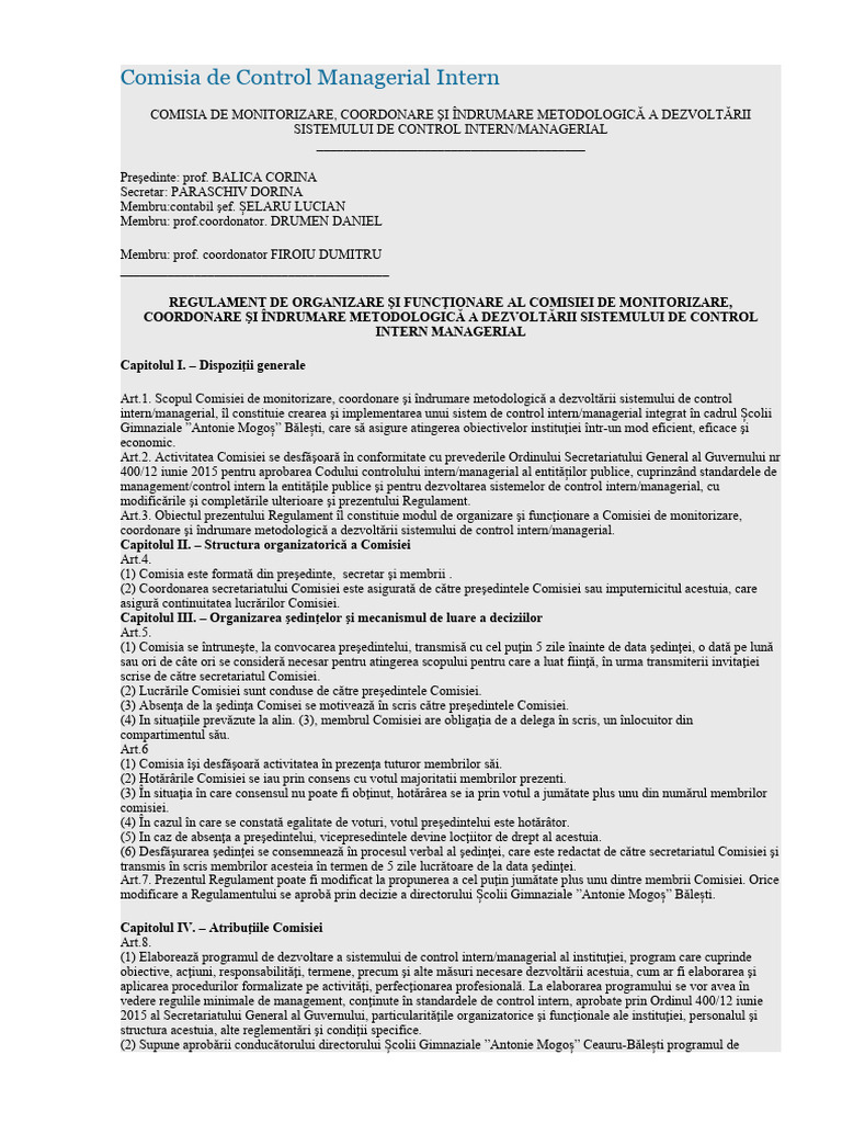 Regulament Comisie Control Managerial | PDF