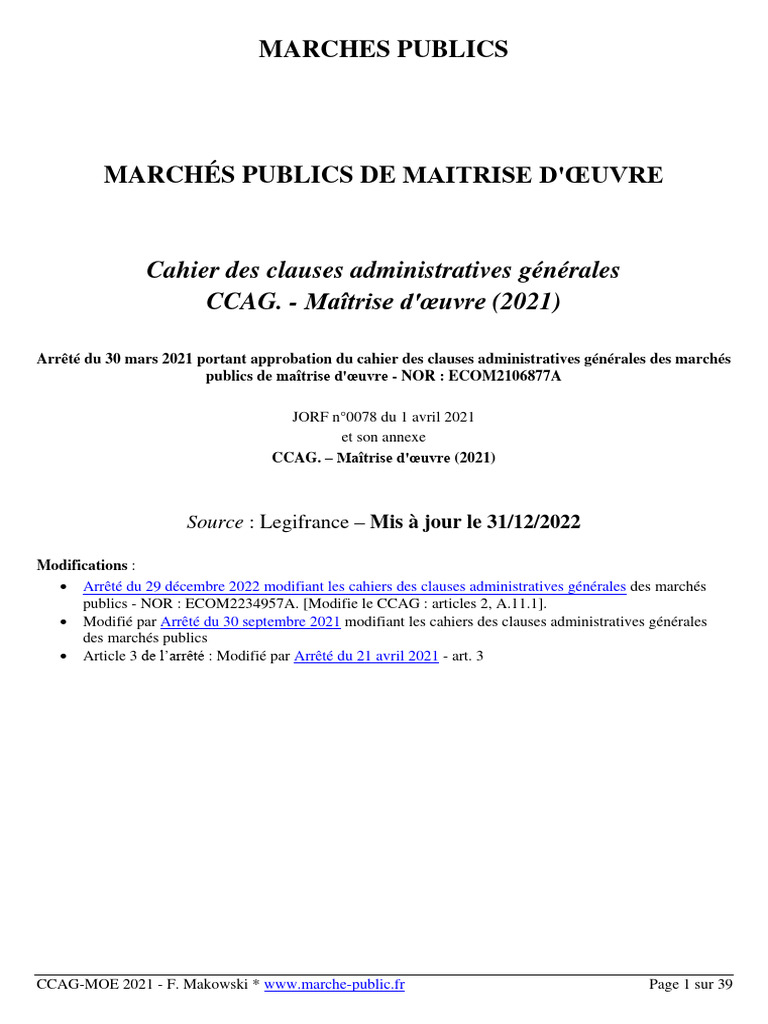 CCAG-MOE 2021 : Clauses Administratives | PDF