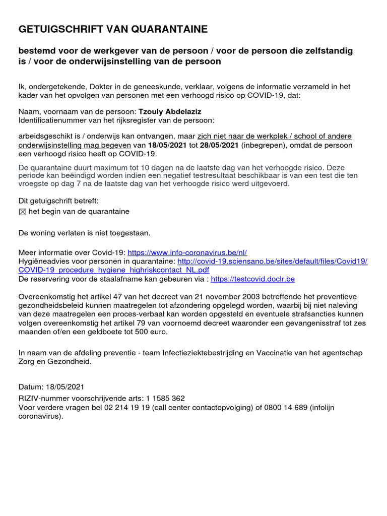 Covid-19 - Quarantine Certificate | PDF