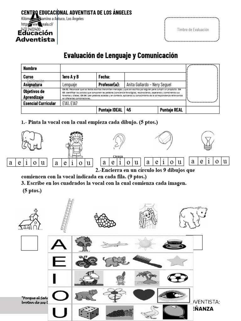 Evaluación de Vocales para Preescolar | PDF | Voz humana | Fonética