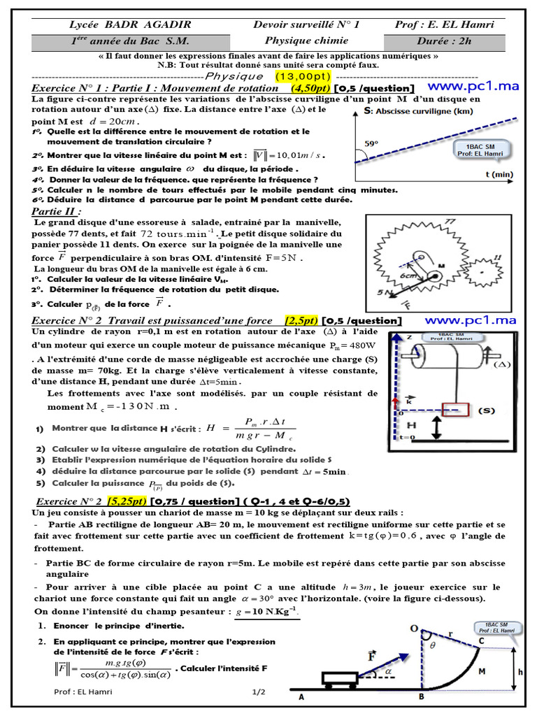 Contrôle 1 Physique Chimie 1ère Bac SM | PDF | Rotation | Gaz
