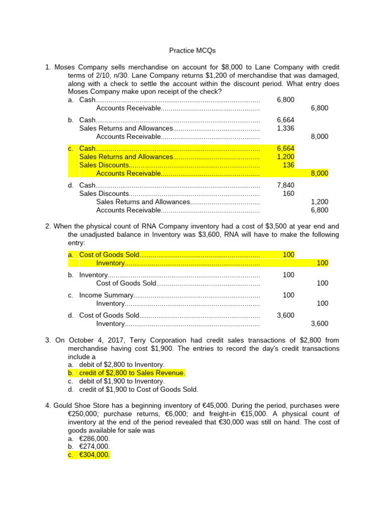 Practice MCQs on Accounting Entries | PDF | Debits And Credits | Revenue