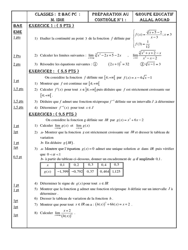 Contrôle 1 Math 2 Bac PC - Exercice et Corrigé | PDF | Mathématiques ...
