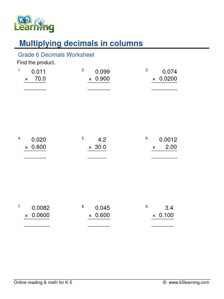 Grade 6 Multiply Two Decimals 0 4 Decimal Digits Column C | PDF