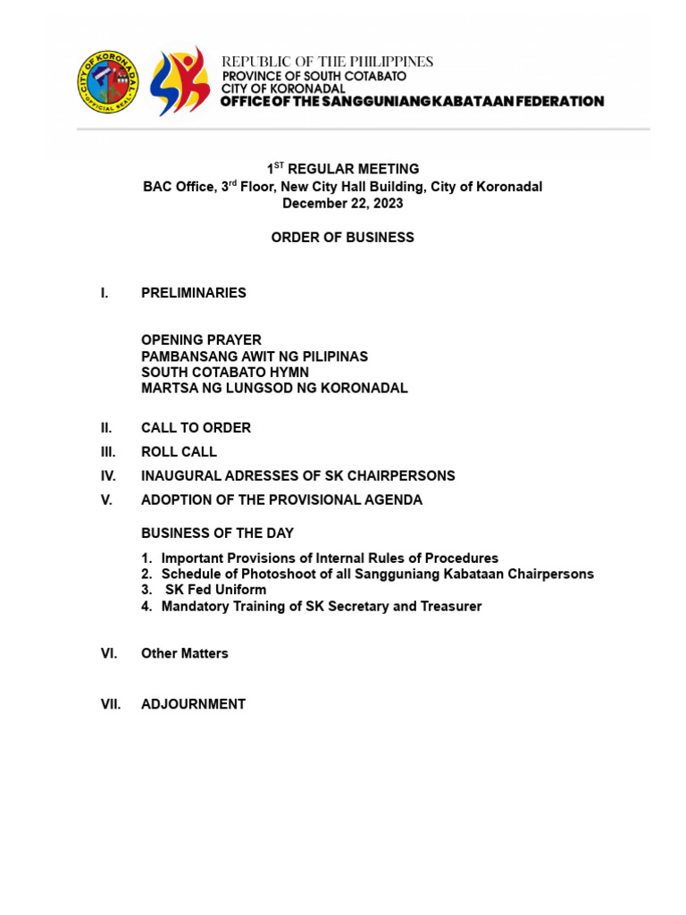Order of Business for 1st Regular Meeting | PDF
