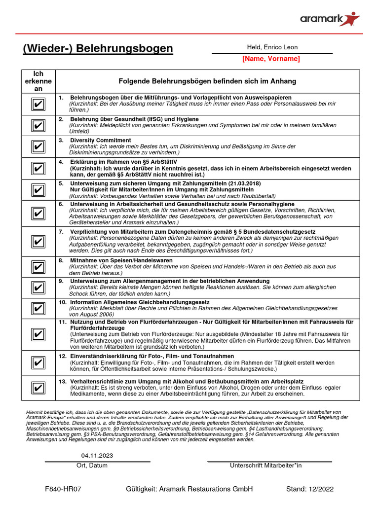 Belehrungsbogen Aramark Restaurations GMBH 2023 PDF