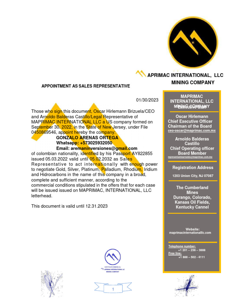 Appointment of Sales Representative | PDF | Native Element Minerals ...