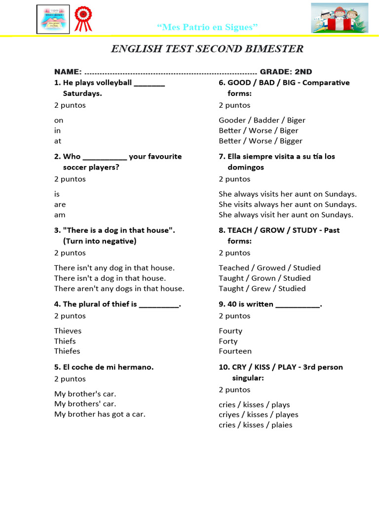 English Test Second Bimester | PDF