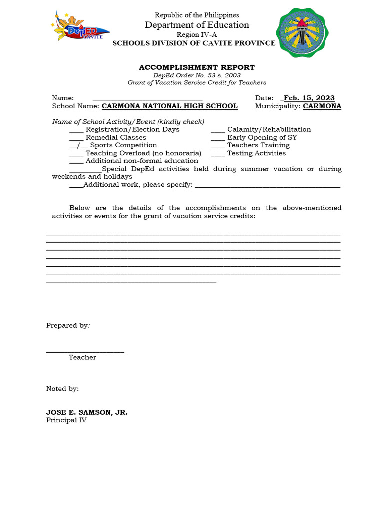 Accomplishment Report Service Credit 2 | PDF