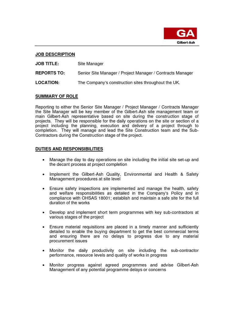 Site Manager Job Description UK | PDF | Economies | Business