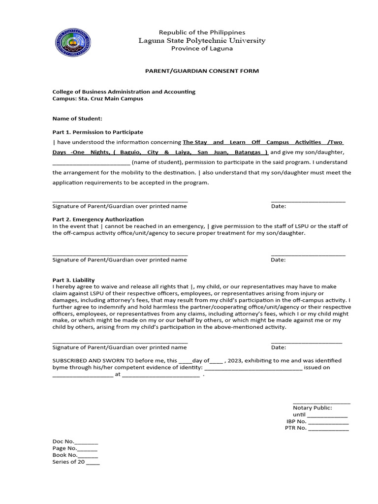Educational Tour Parental Consent Form PDF