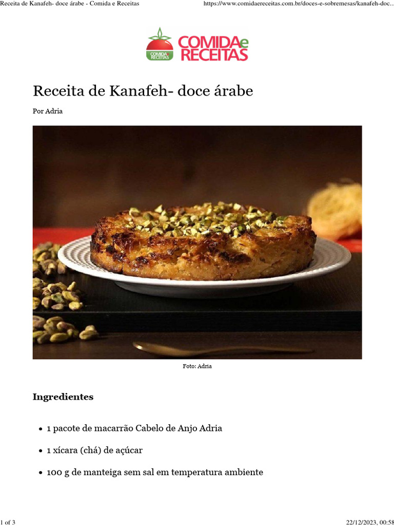 Receita de Kanafeh: Doce Árabe Fácil | PDF | Gastronomia, comida e vinho