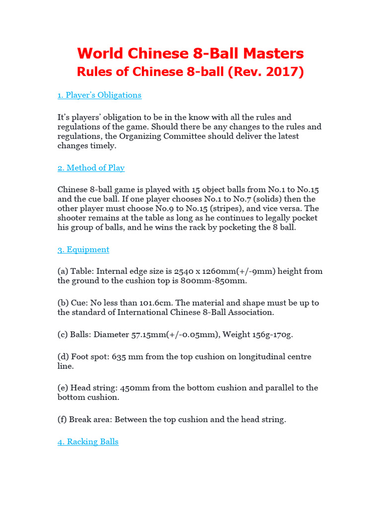 Chinese 8-Ball Masters Rules 2017 | PDF | Ball Games | Games Of ...