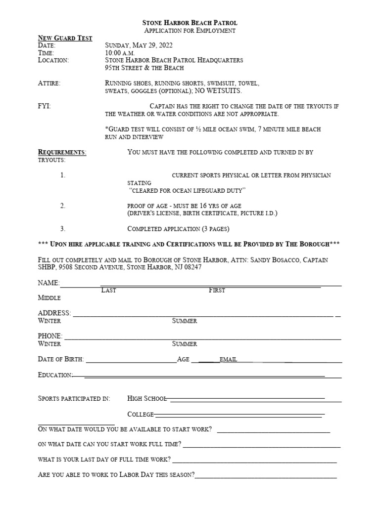 2022 Lifeguard Application Form PDF Employment Legal Liability