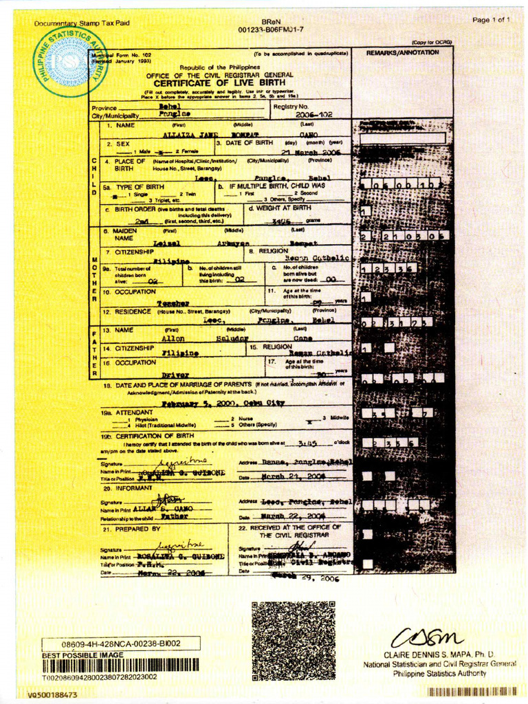 Cano - Birth Certificate | PDF