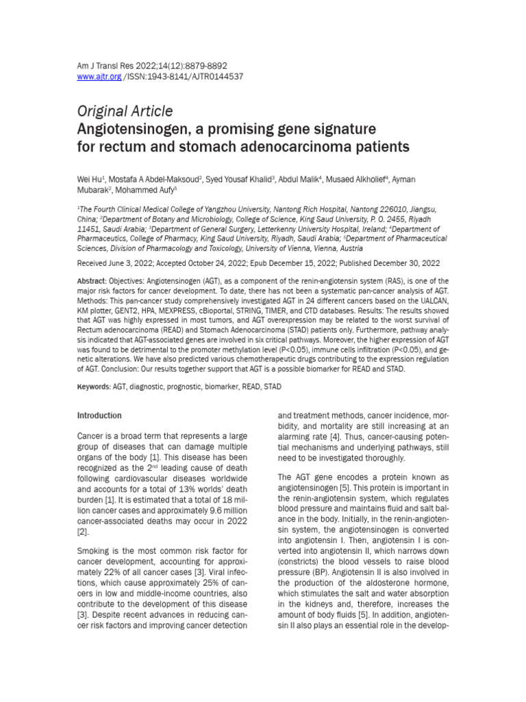 AGT as a Biomarker in READ and STAD | PDF | Neoplasms | Medicine