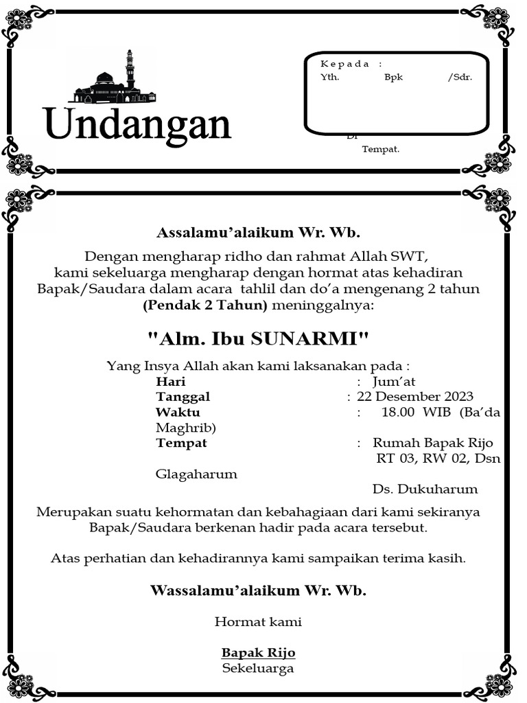 Undangan Tahlil 2 Tahun (Mendak Kedua) - Contohtext | PDF