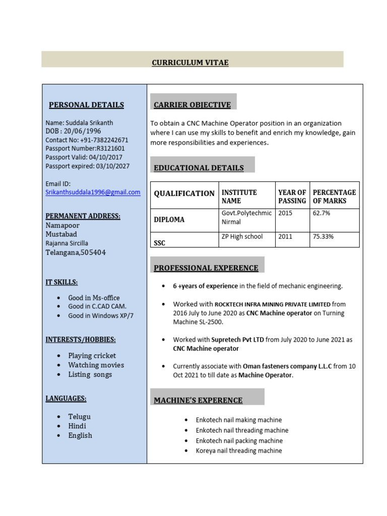 Curriculum Vitae Srikanth | PDF | Safety | Numerical Control