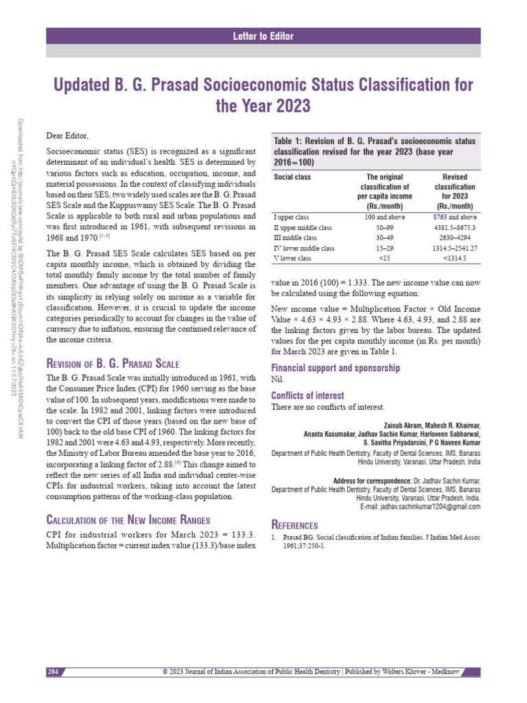 Updated B.G. Prasad Scale 2023 | PDF | Socioeconomic Status | Social ...