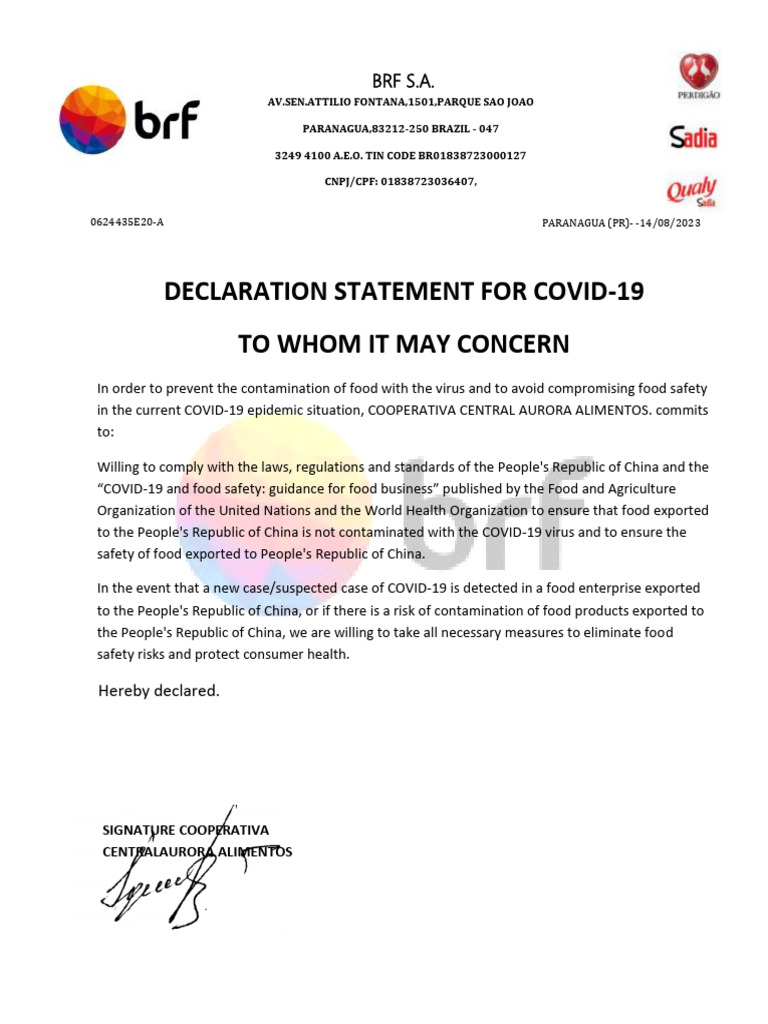 Aurora Alimentos COVID-19 Safety Declaration | PDF