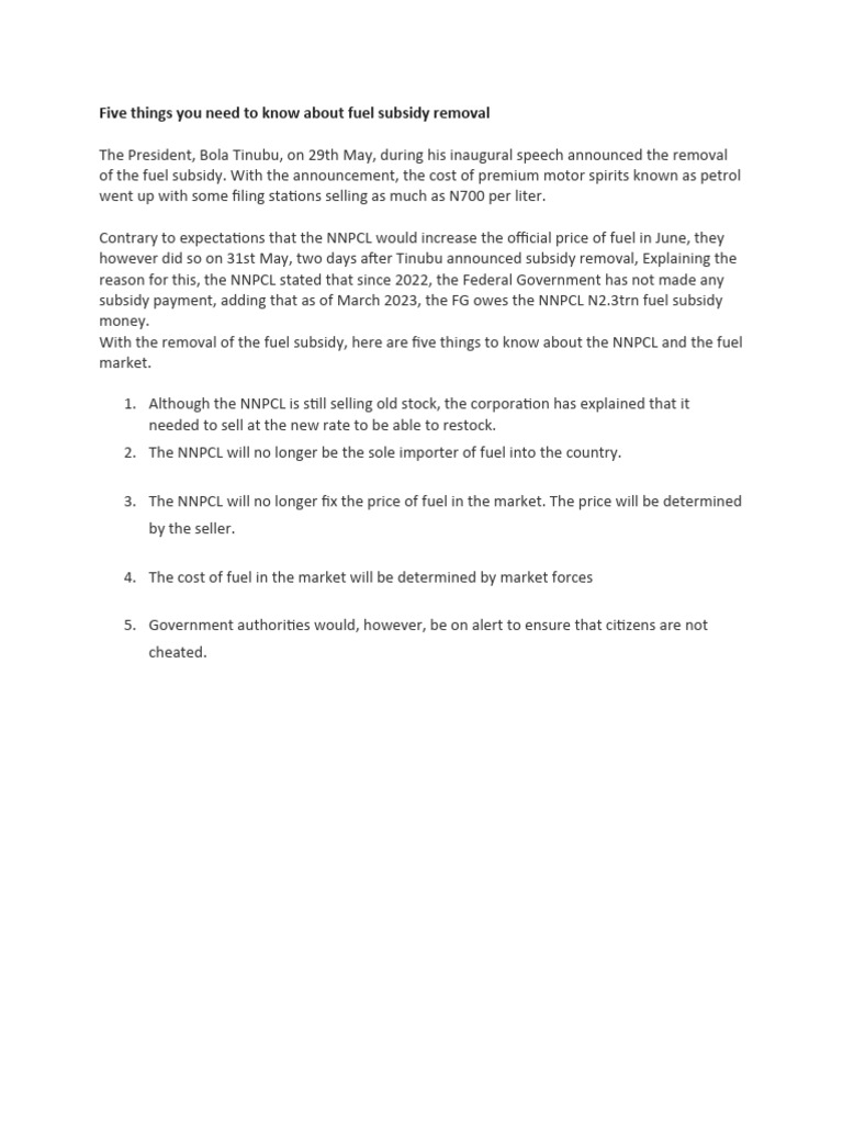 Fuel Subsidy Removal Five Things You Need To Know PDF