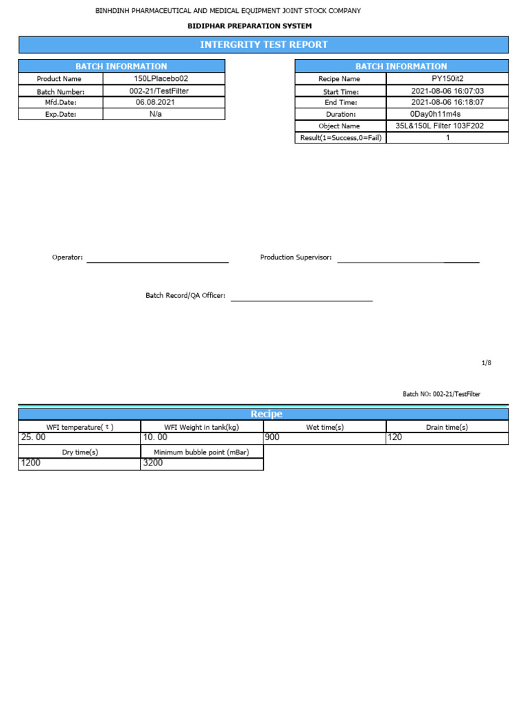 Integrity Test Report for Batch 002-21 | PDF