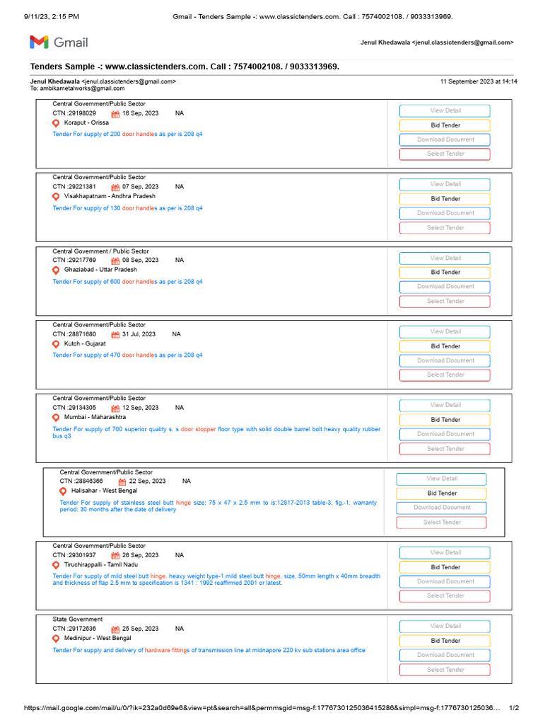 Gmail - Tenders Sample - WWW - Classictenders.com. Call - 7574002108 ...
