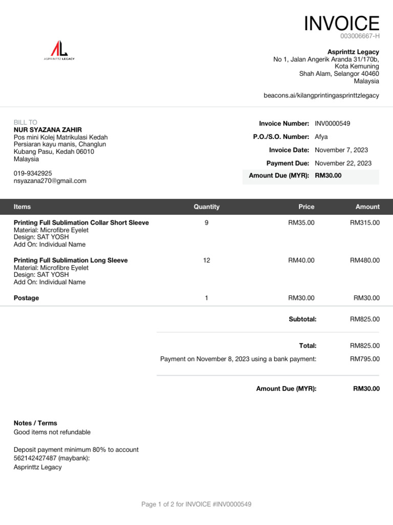 Invoice for Printing Services - RM30 Due | PDF