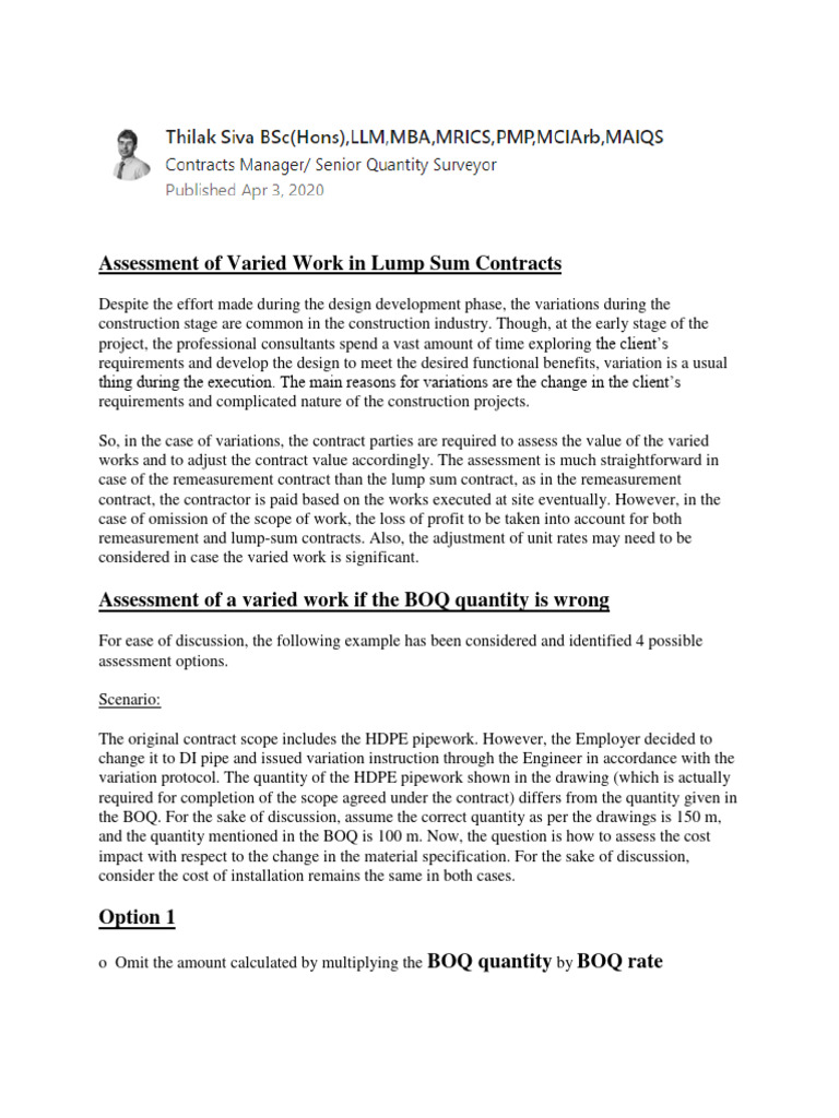 Lump Sum Contract Variation Assessment | PDF | Present Value | Prices