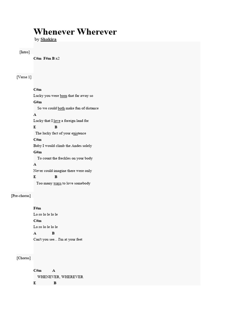 Whenever Wherever - Shakira | Download Free PDF | Song Structure | Songs