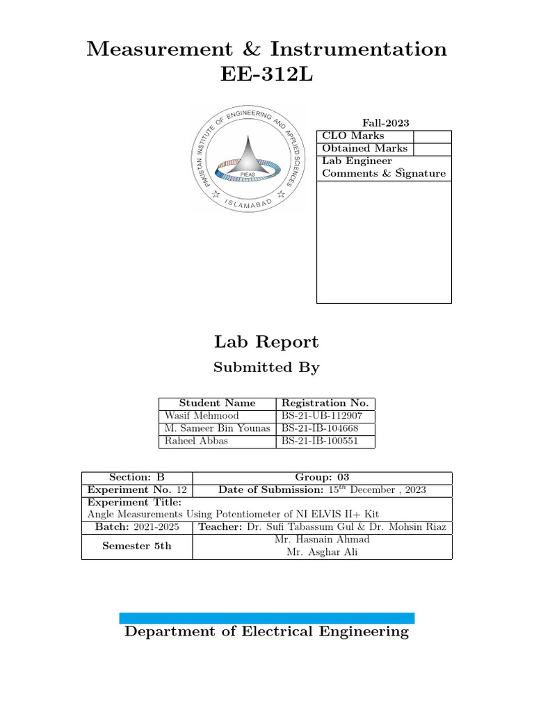 M I LAB REPORT 12 Angle Measurements Using Potentiometer of NI ELVIS II