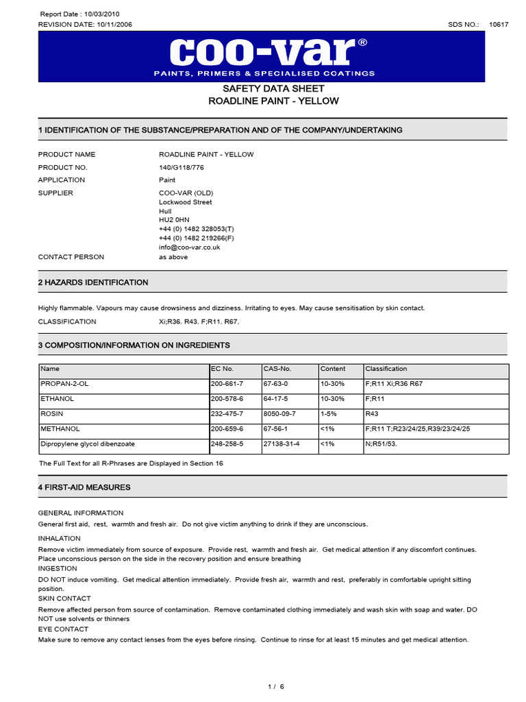 Yellow Roadline Paint Safety Data Sheet | PDF | Home & Garden