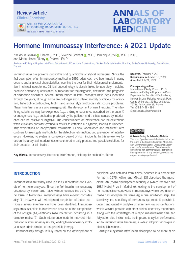 Hormone Immunoassay Interference A 2021 Update | PDF | Immunoassay ...