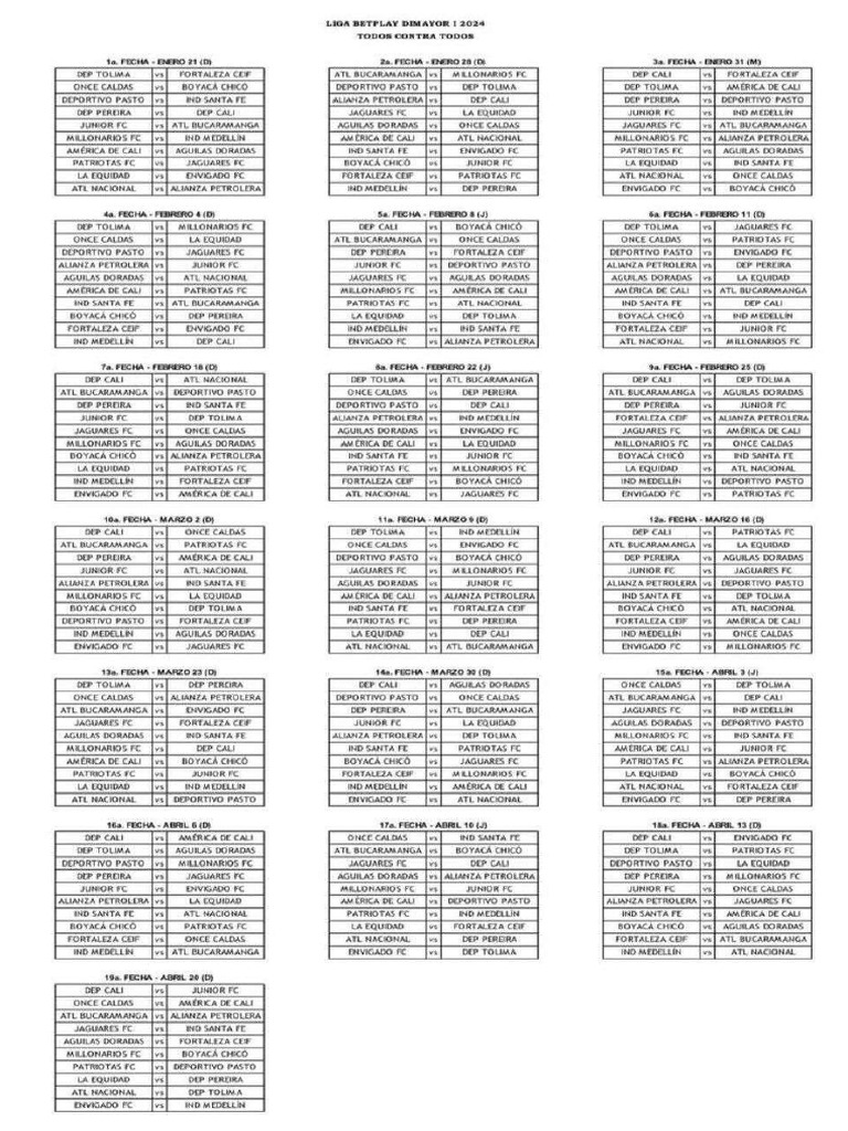 Calendario de Liga Colombiana 2024I PDF