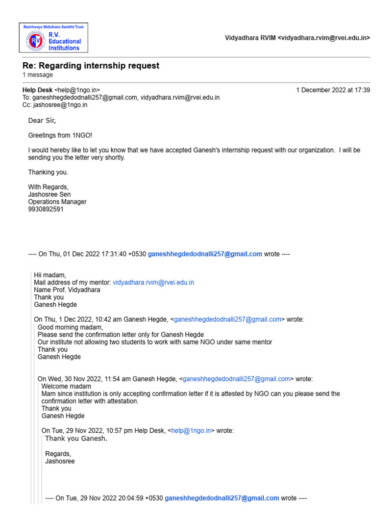 RVEI Institutions Mail - Re - Regarding Internship Request | PDF